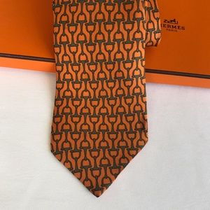 Authentic Hermes Orange Horsebit Silk Tie w/ Box